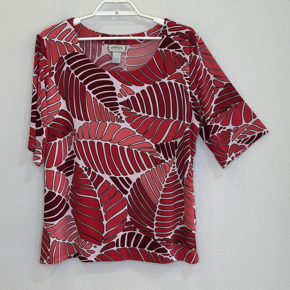 Chico's Travelers Pullover Top Sz 3 US XL Red Leaf Print Scoop Neck Short Sleeve